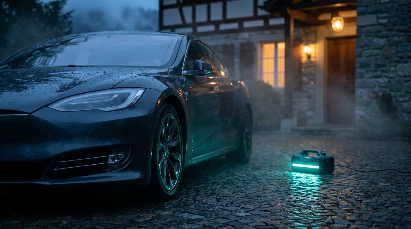 Dunkles Auto in einer Zürcher Wohn-Einfahrt in der blauen Stunde