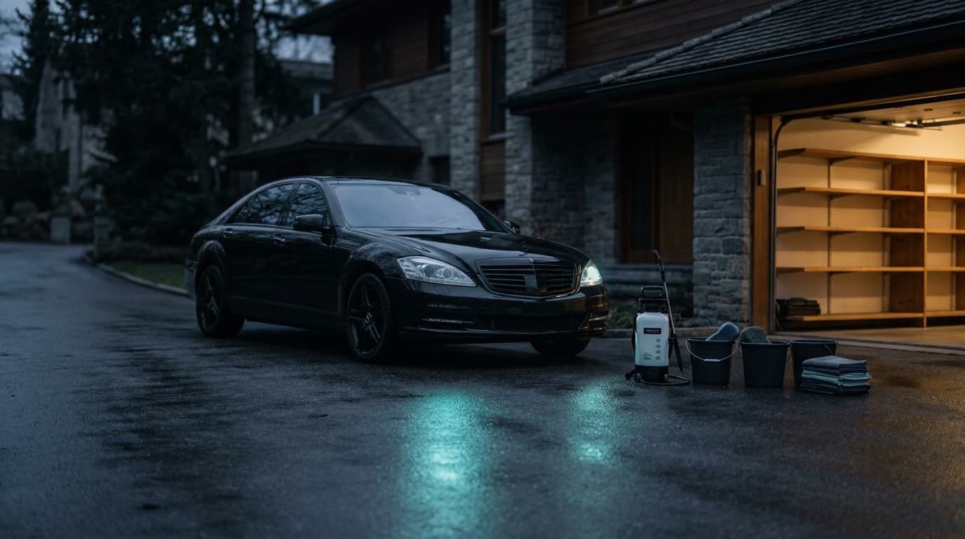 Dunkles Premium-Auto in einer Zürcher Einfahrt in der blauen Stunde