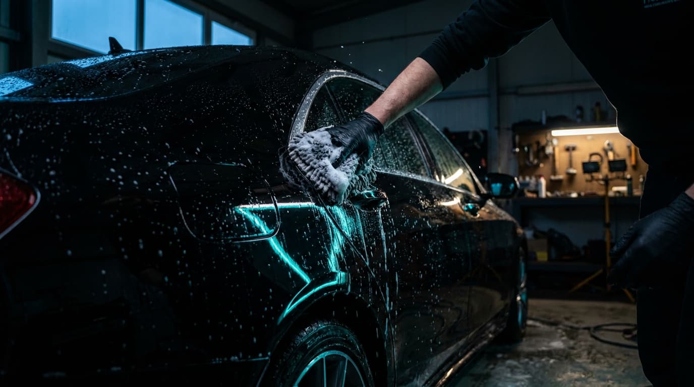 Detailreinigung eines dunklen Fahrzeugs von Hand unter Werkstattlicht